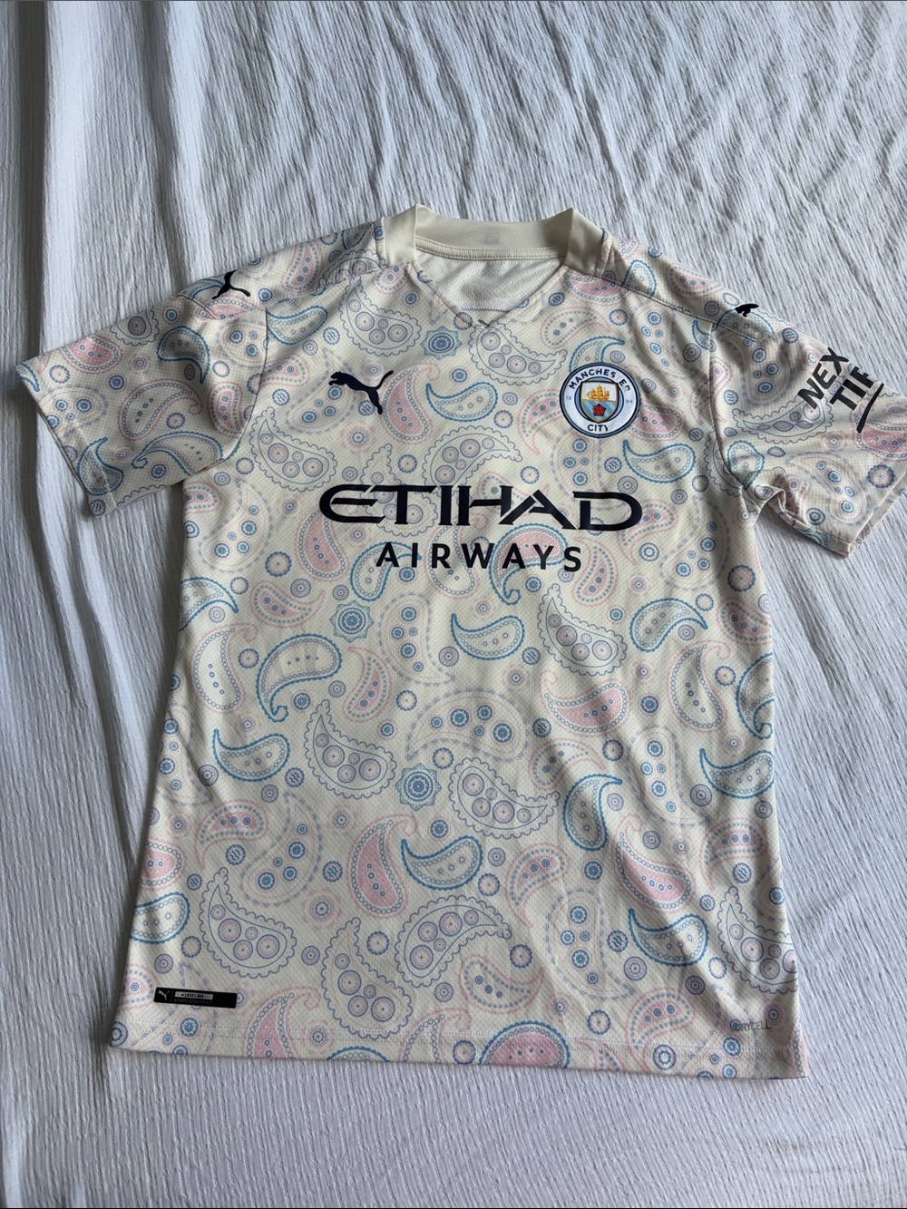 Puma Manchester City Cream Paisley Away Shirt with Pink & Blue Accents